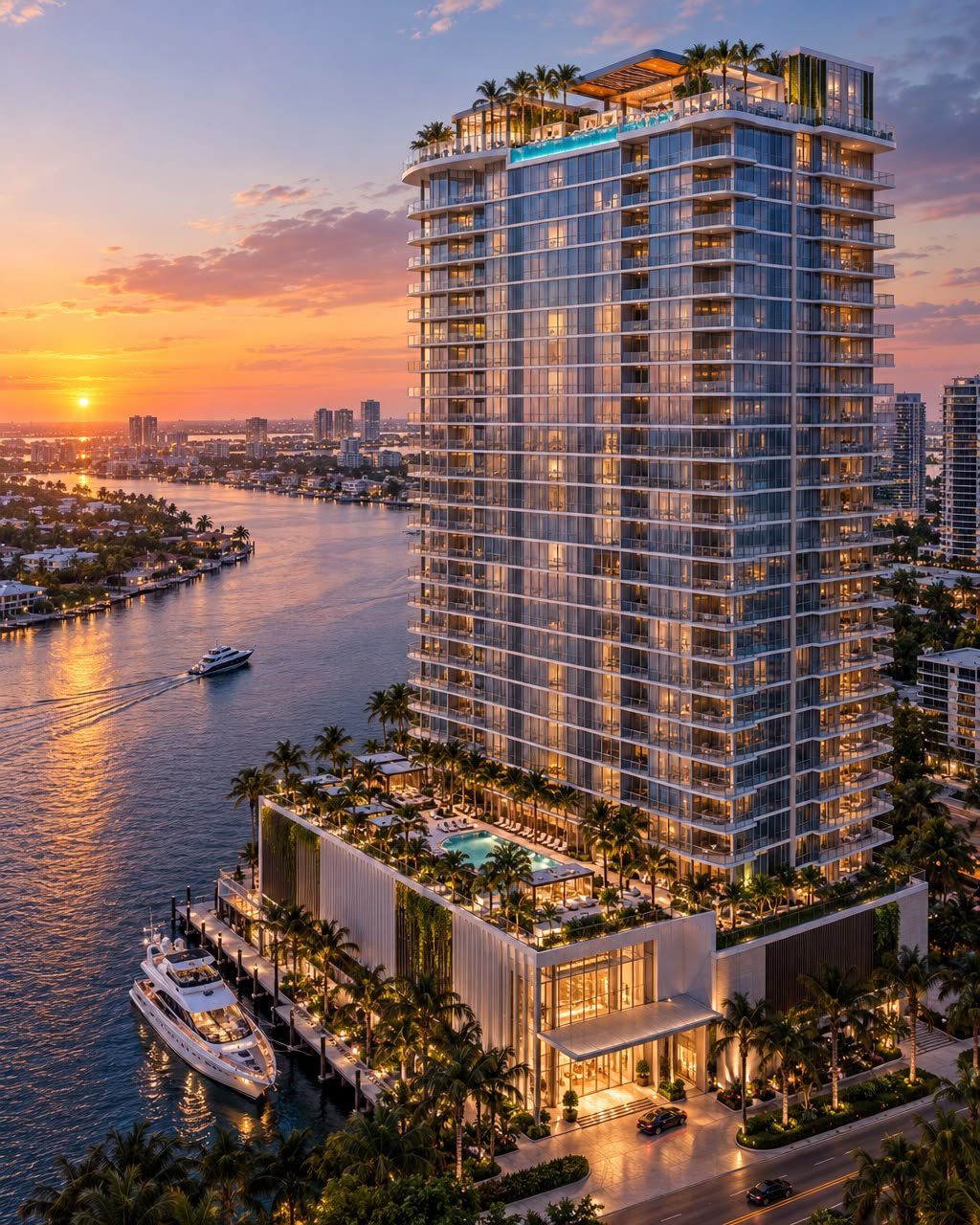 Modern apartment tower with balconies against the sky